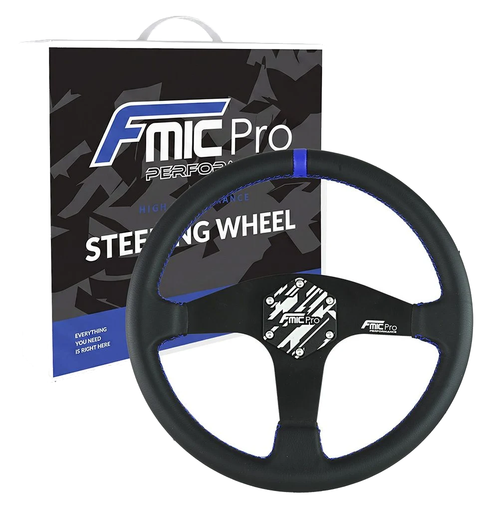 Kierownica sportowa FMIC.Pro Classic skórzana 350mm odsadzenie 33mm niebieska