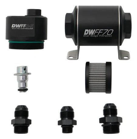 Regulator ciśnienia paliwa z filtrem DWFFR-X 70mm 10 mikronów z końcówkami 8AN DeatschWerks