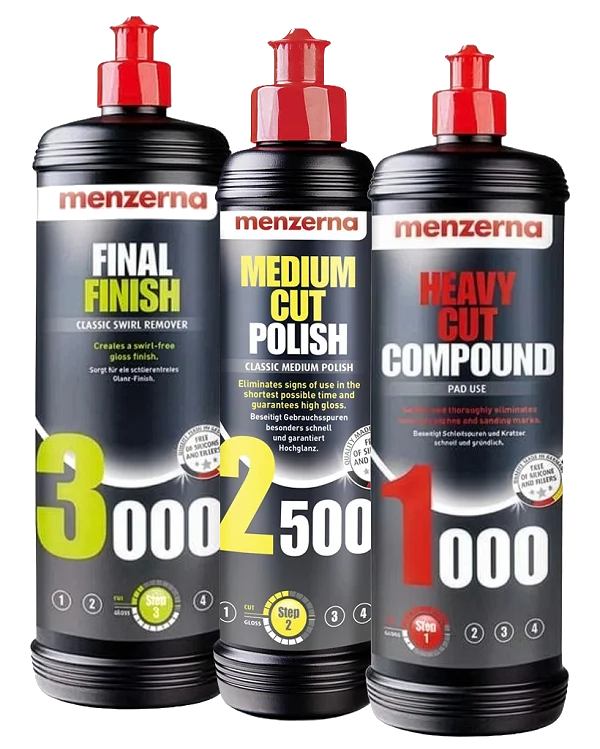 MENZERNA Zestaw Past Polerskich 1000 2500 3000 Kompleksowa Korekta Lakieru 3x250ml