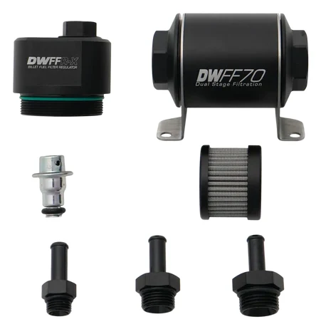 Regulator ciśnienia paliwa z filtrem DWFFR-X 70mm 10 mikronów z końcówkami 3/8 cala DeatschWerks