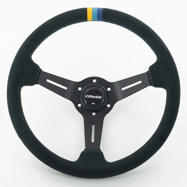 Kierownica sportowa GReddy Sports "Deep Type" (Wklęsła 80 mm), Czarna alkantara, Czarne ramiona - 340 mm