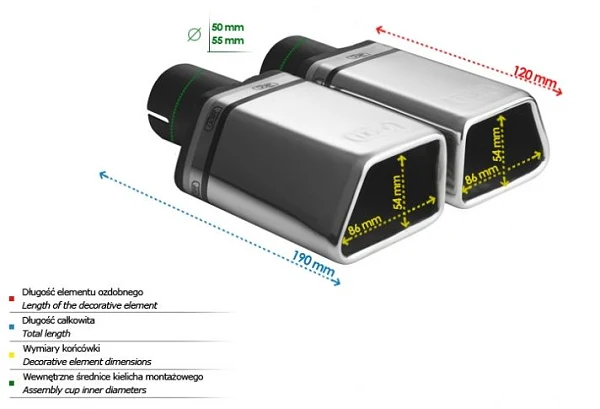Uniwersalna końcówka tłumika specjalna 86×54mm długość 120mm średnica montażowa 50mm - N1-45L*/50