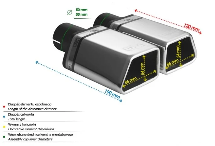Uniwersalna końcówka tłumika specjalna 86×54mm długość 120mm średnica montażowa 50mm - N1-45L*/50