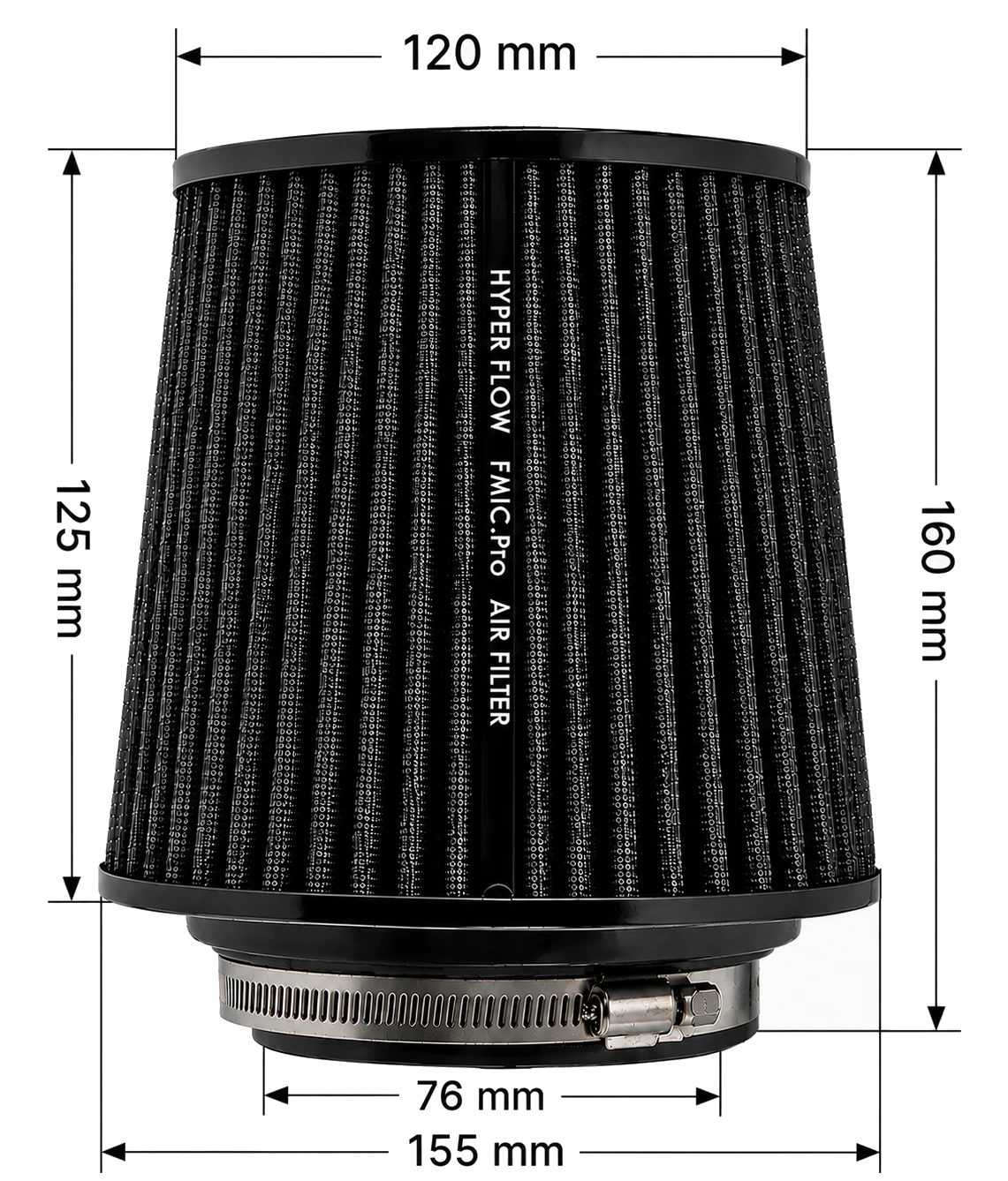 Stożkowy filtr powietrza FMIC.Pro dł. 125mm średnica montażowa 76mm czarny