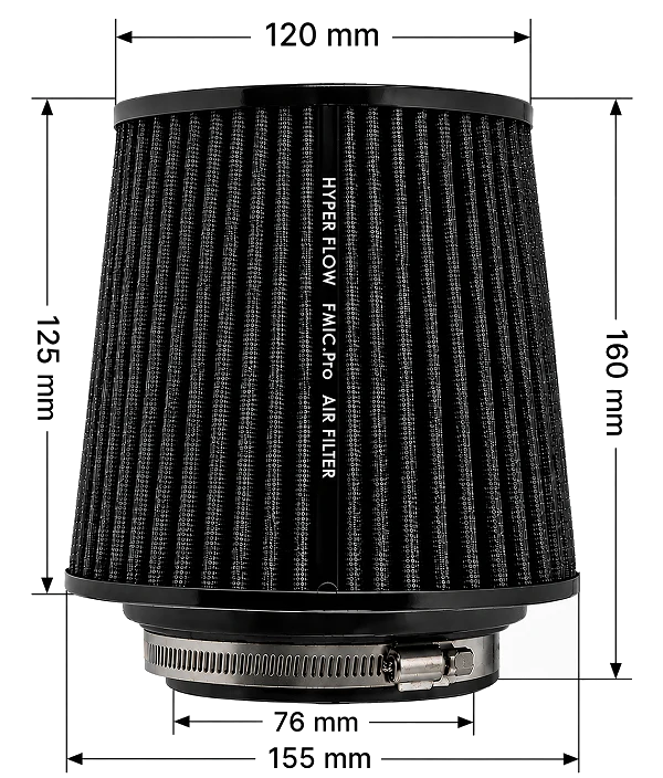 Stożkowy filtr powietrza FMIC.Pro dł. 125mm średnica montażowa 76mm czarny