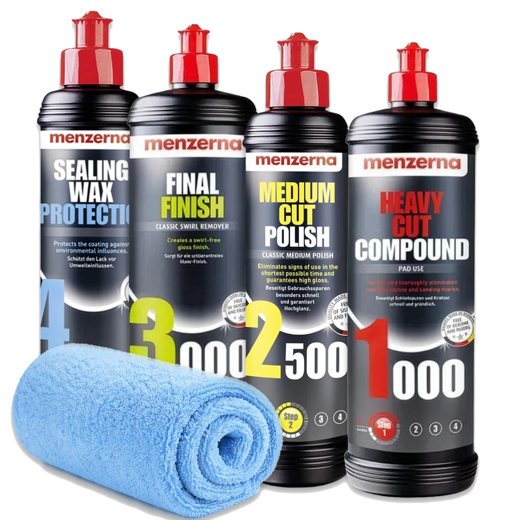 MENZERNA Zestaw Past Polerskich 1000 2500 3000 + Wosk Sealing Wax Protection 4x250ml + Ściereczka z Mikrofibry Kompletna Korekta i Ochrona Lakieru