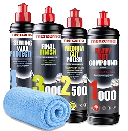 MENZERNA Zestaw Past Polerskich 1000 2500 3000 + Wosk Sealing Wax Protection 4x250ml + Ściereczka z Mikrofibry Kompletna Korekta i Ochrona Lakieru
