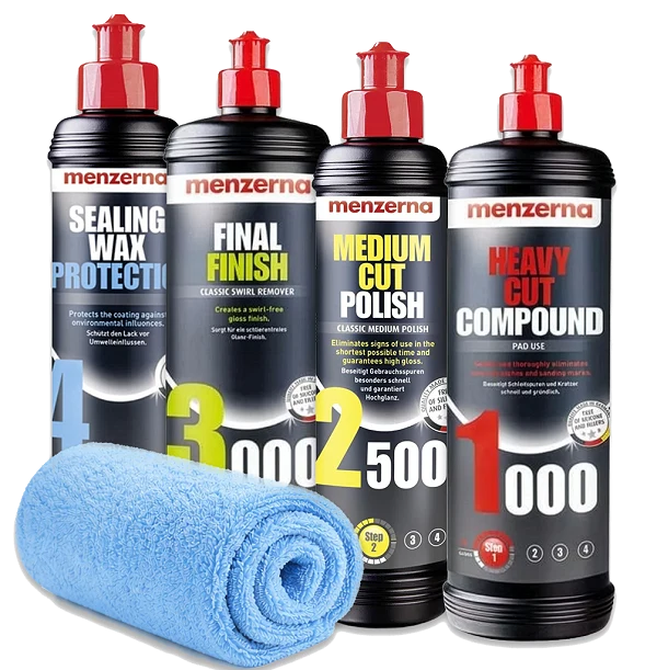MENZERNA Zestaw Past Polerskich 1000 2500 3000 + Wosk Sealing Wax Protection 4x250ml + Ściereczka z Mikrofibry Kompletna Korekta i Ochrona Lakieru