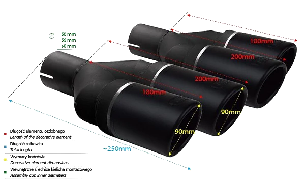 Uniwersalna końcówka tłumika okrągła 90mm długość 225/205mm średnica montażowa 50mm - NBL2-90RSL*/50