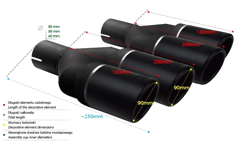 Uniwersalna końcówka tłumika okrągła 90mm długość 225/205mm średnica montażowa 50mm - NBL2-90RSP*/50