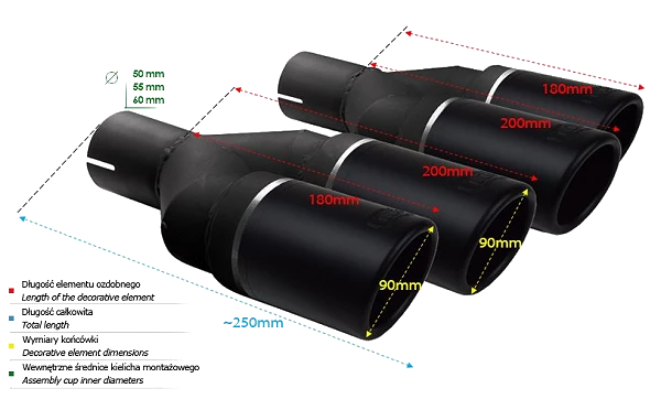 Uniwersalna końcówka tłumika okrągła 90mm długość 225/205mm średnica montażowa 60mm - NBL2-90RSP*/60
