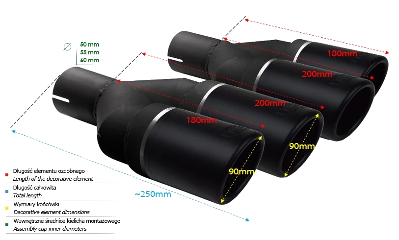 Uniwersalna końcówka tłumika okrągła 90mm długość 225/205mm średnica montażowa 60mm - NBL2-90RSP*/60