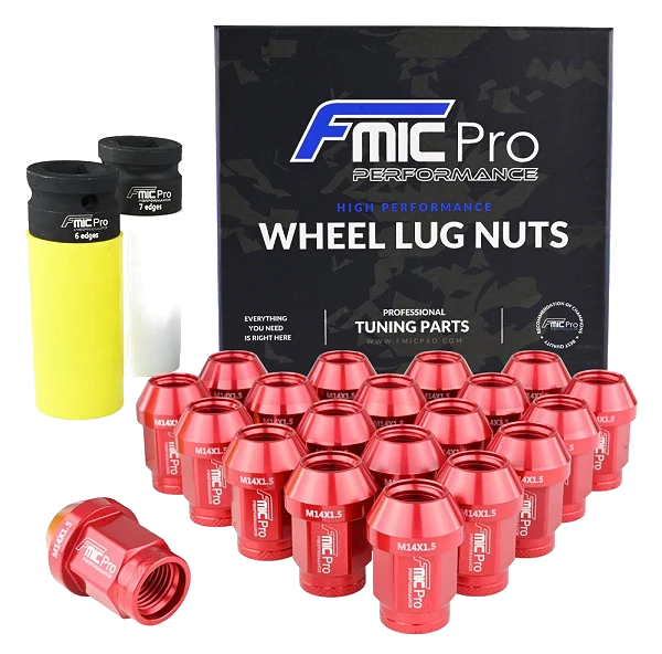 Kute nakrętki aluminiowe do kół  FMIC.Pro M14x1.25 Czerwone 20szt. stożkowe przelotowe 7075-T6