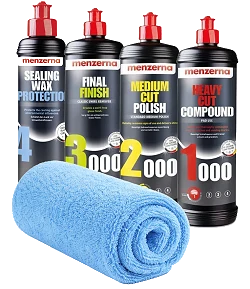 MENZERNA Zestaw Past Polerskich 1000 2000 3000 + Wosk Sealing Wax Protection 4x250ml + Ściereczka z Mikrofibry Kompletna Korekta i Ochrona Lakieru