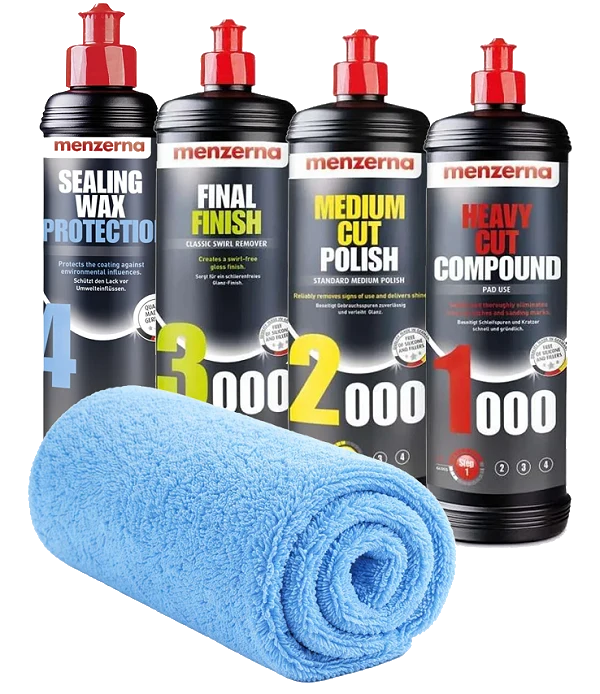 MENZERNA Zestaw Past Polerskich 1000 2000 3000 + Wosk Sealing Wax Protection 4x250ml + Ściereczka z Mikrofibry Kompletna Korekta i Ochrona Lakieru