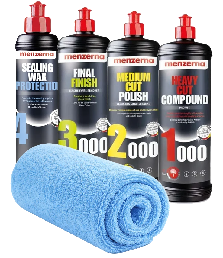 MENZERNA Zestaw Past Polerskich 1000 2000 3000 + Wosk Sealing Wax Protection 4x250ml + Ściereczka z Mikrofibry Kompletna Korekta i Ochrona Lakieru