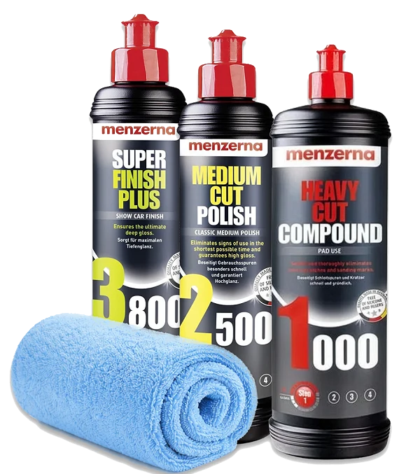 MENZERNA Zestaw Past Polerskich 1000 2500 3800 3x250ml + Ściereczka z Mikrofibry Korekta Lakieru Show Car Finish