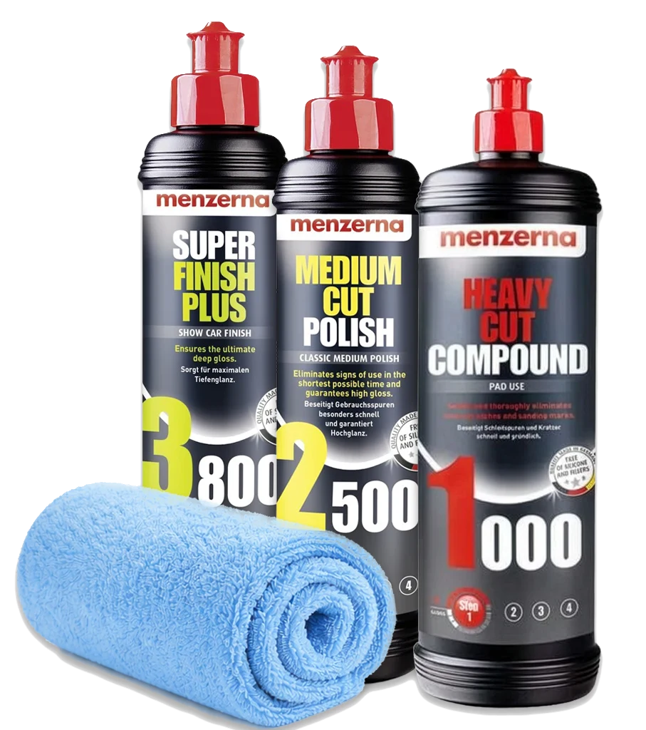 MENZERNA Zestaw Past Polerskich 1000 2500 3800 3x250ml + Ściereczka z Mikrofibry Korekta Lakieru Show Car Finish