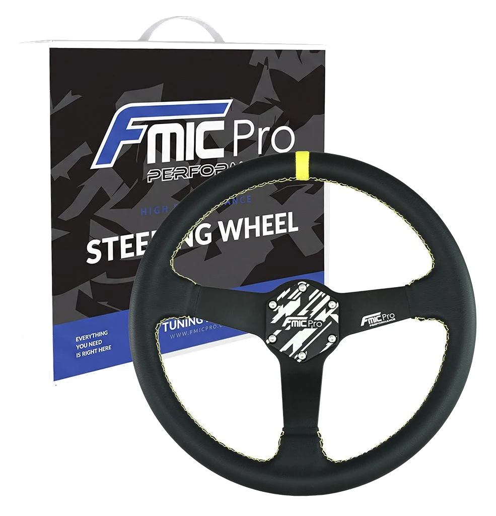 Kierownica sportowa FMIC.Pro Track skórzana 350mm odsadzenie 33mm żółta