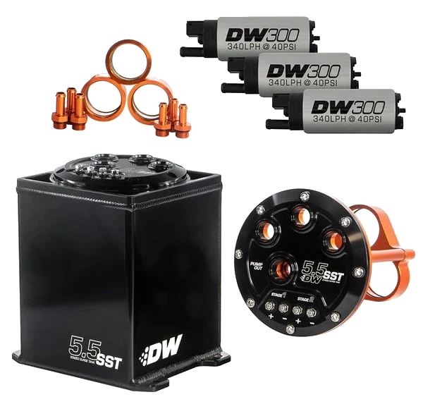 DeatschWerks 5.5L Surge Tank with 3 DW300 Fuel Pumps