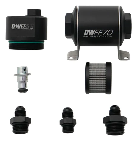 Regulator ciśnienia paliwa z filtrem DWFFR-X 70mm 10 mikronów z końcówkami 6AN DeatschWerks