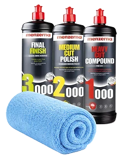 MENZERNA Zestaw Past Polerskich 1000 2000 3000 3x250ml + Ściereczka z Mikrofibry Korekta Lakieru