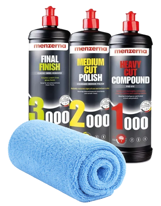 MENZERNA Zestaw Past Polerskich 1000 2000 3000 3x250ml + Ściereczka z Mikrofibry Korekta Lakieru