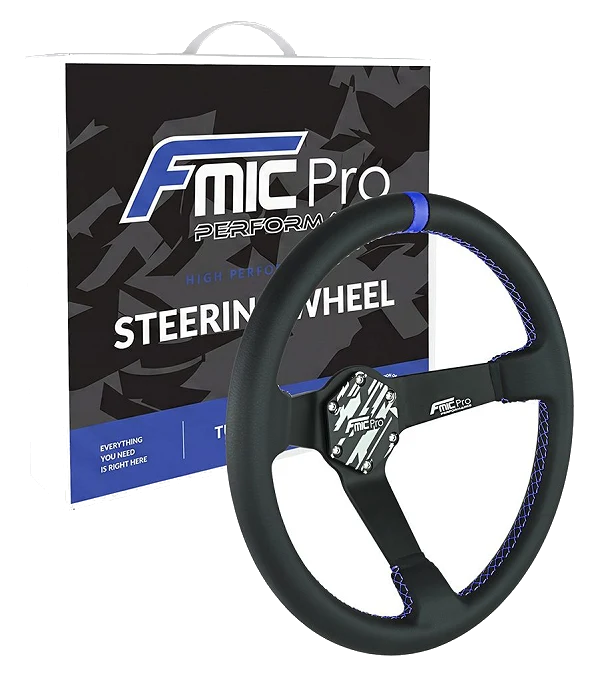 Kierownica sportowa FMIC.Pro Track skórzana 350mm odsadzenie 90mm niebieska