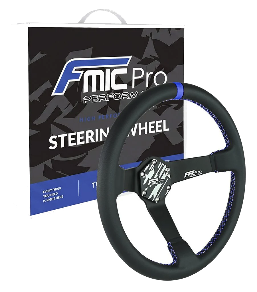 Kierownica sportowa FMIC.Pro Track skórzana 350mm odsadzenie 90mm niebieska