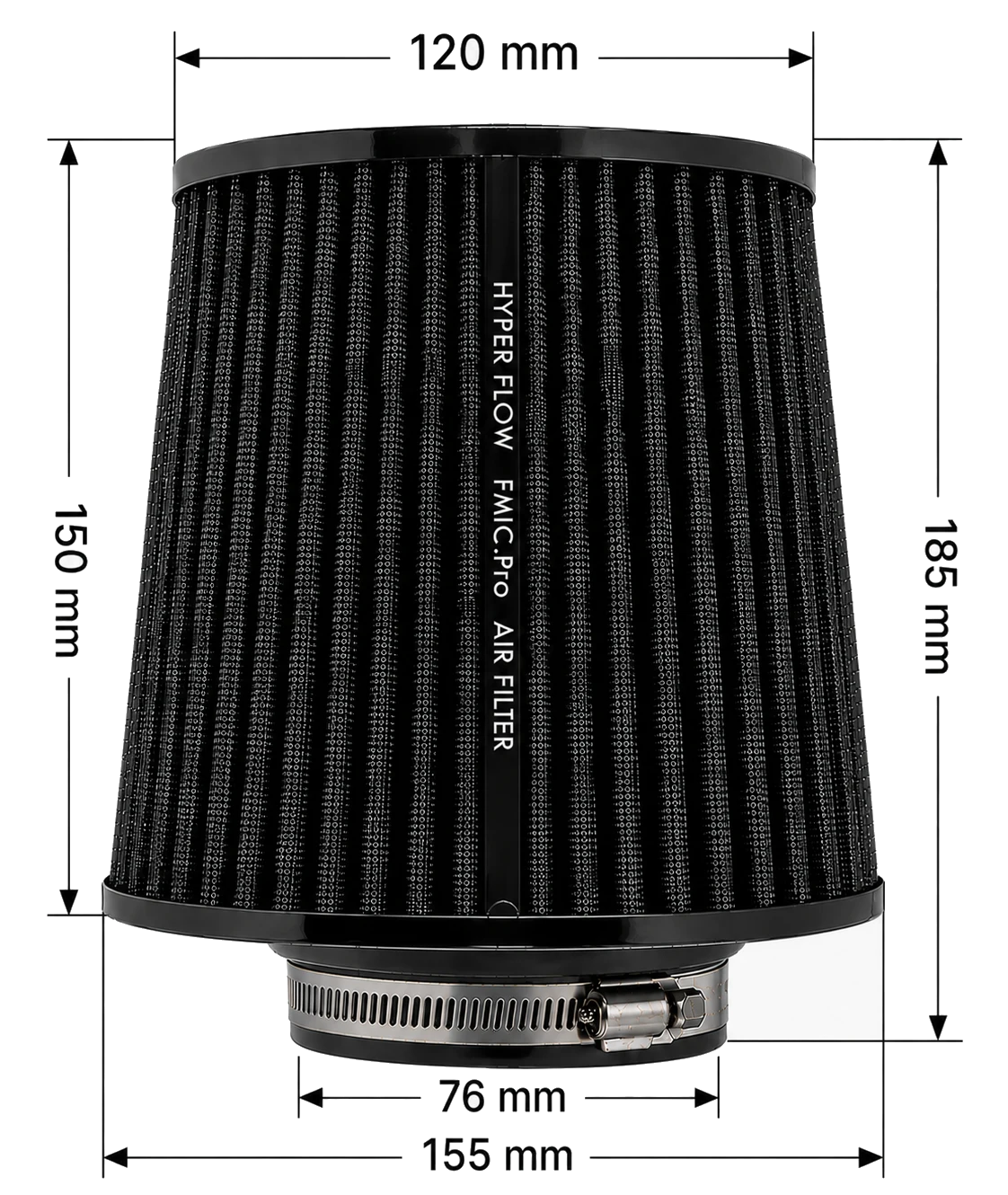 Stożkowy filtr powietrza FMIC.Pro dł. 150mm średnica montażowa 76mm czarny