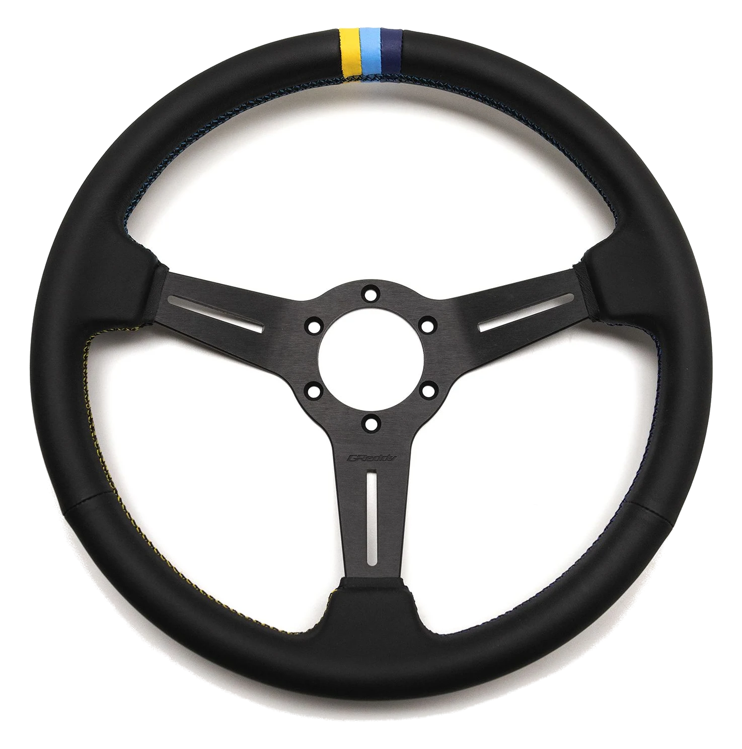 Kierownica sportowa GReddy Sports "Medium Type" (Wklęsła 47 mm), Czarna skóra, Czarne ramiona - 340 mm