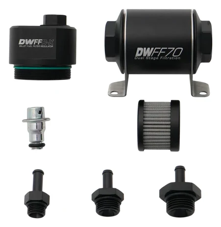 Regulator ciśnienia paliwa z filtrem DWFFR-X 70mm 10 mikronów z końcówkami 5/16 cala DeatschWerks