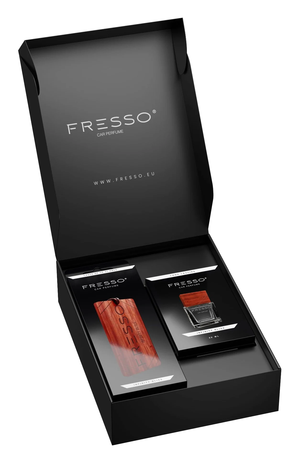 FRESSO Gift Box Infinity Bliss zestaw prezentowy drewniana zawieszka i perfumy samochodowe