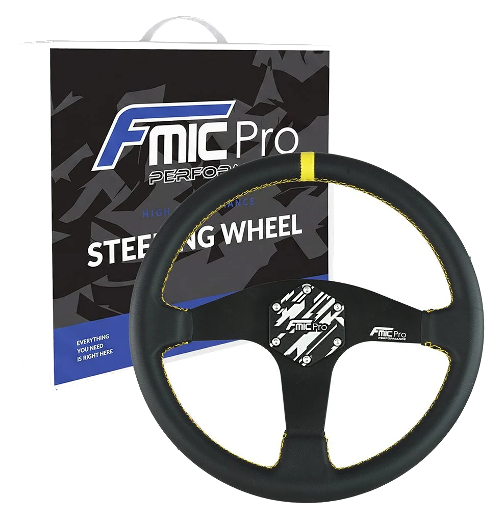 Kierownica sportowa FMIC.Pro Classic skórzana 350mm odsadzenie 33mm żółta
