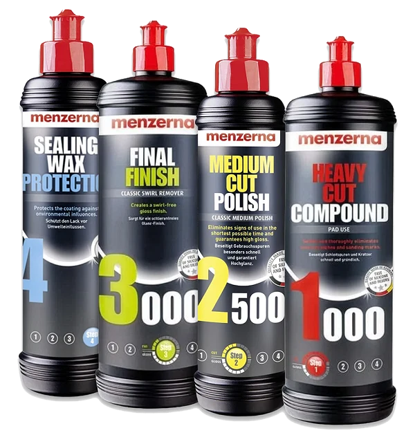 MENZERNA Zestaw Past Polerskich 1000 2500 3000 + Wosk Sealing Wax Protection Korekta i Ochrona Lakieru 4x250ml