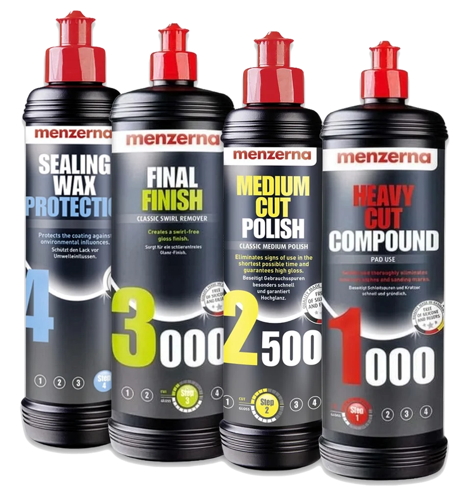 MENZERNA Zestaw Past Polerskich 1000 2500 3000 + Wosk Sealing Wax Protection Korekta i Ochrona Lakieru 4x250ml