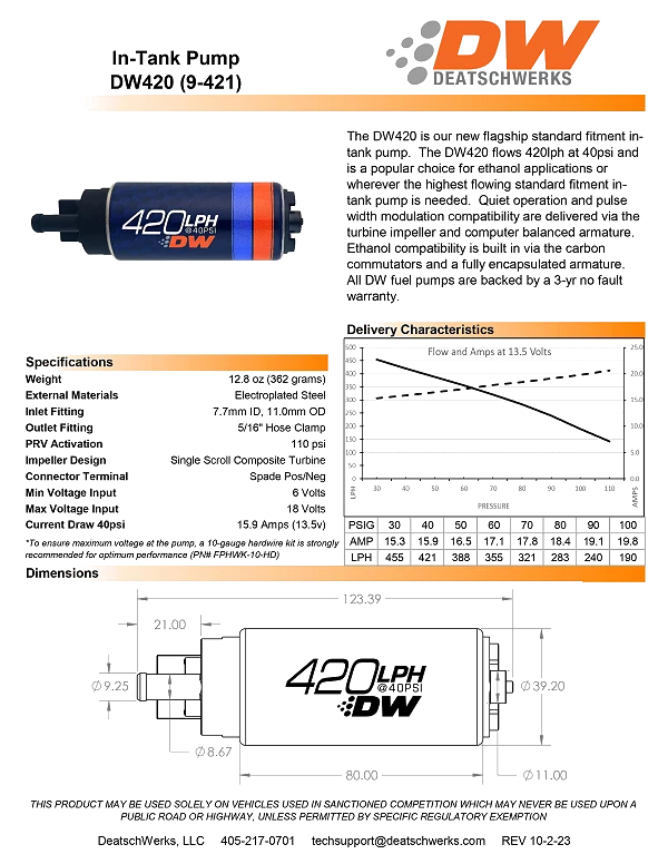 Pompa paliwa DeatschWerks DW420 420 lph Subaru Forester 97-07 Impreza 93-07 Legacy 90-99 / 05-07