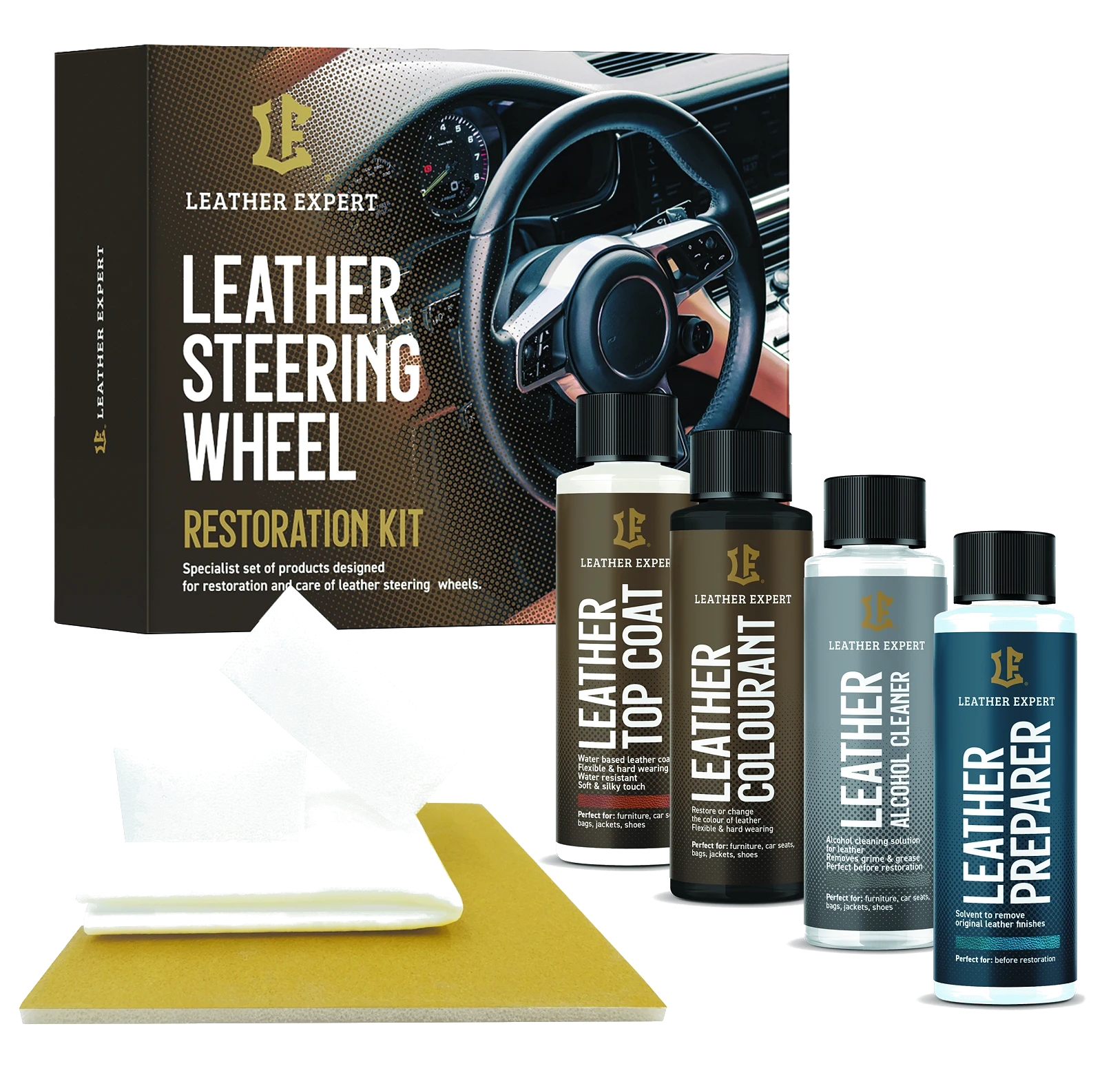 Leather Expert Steering Wheel Restoration Kit zestaw do renowacji skórzanej kierownicy czarny satynowy 4x50ml 200ml